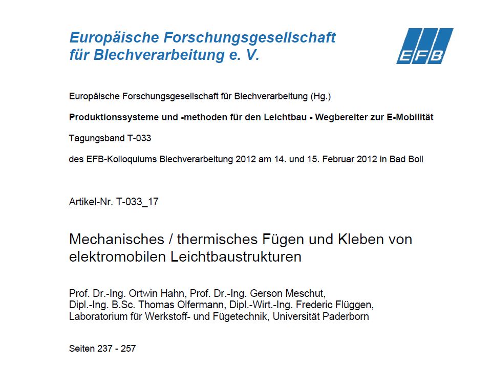 Mechanisches / thermisches Fügen und Kleben von elektromobilen Leichtbaustrukturen