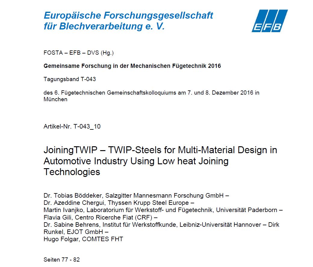 JoiningTWIP – TWIP-Steels for Multi-Material Design in Automotive Industry Using Low heat Joining Technologies